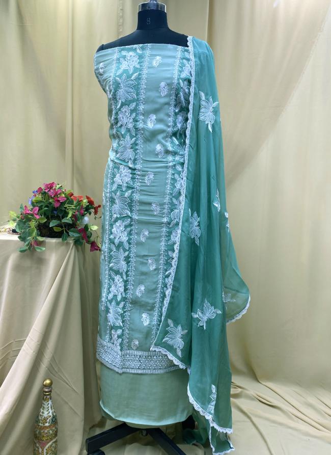 Organza Mint Green Traditional Wear Thread Work Salwaar Suit